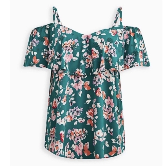 Torrid Plus Size 1 Teal Floral Cold Shoulder Blouse Top - Picture 1 of 8